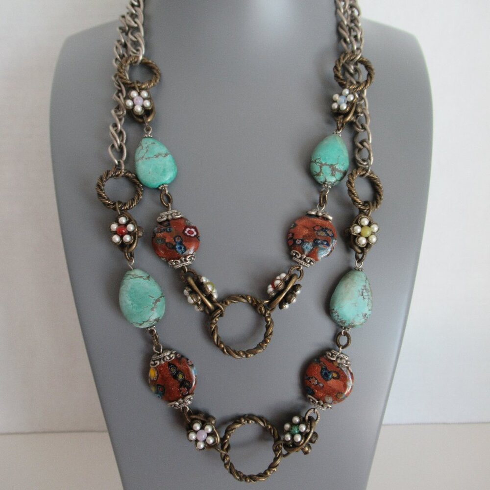 Ollipop USA Jewelry Blue Turquoise & Murano Glass Bead 48" Long Necklace Flowers